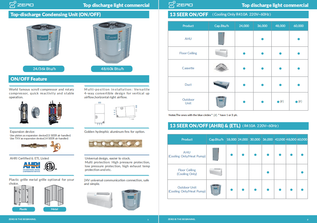 13SEER on-off 60Hz top condensing unit and air handler